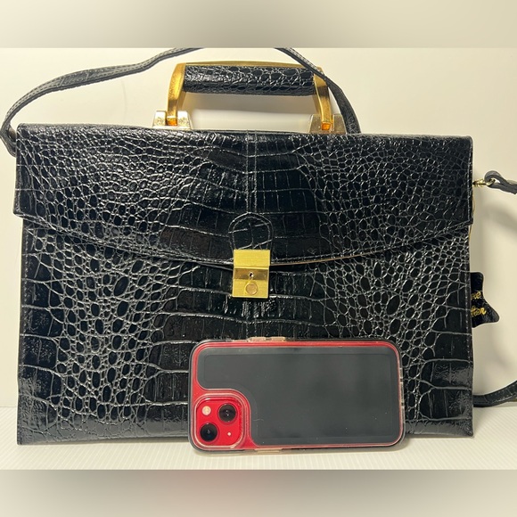 Genuine Leather Handbags - Vintage Genuine Reptile Embossed Patent Leather Small Briefcase/Shoulder Bag